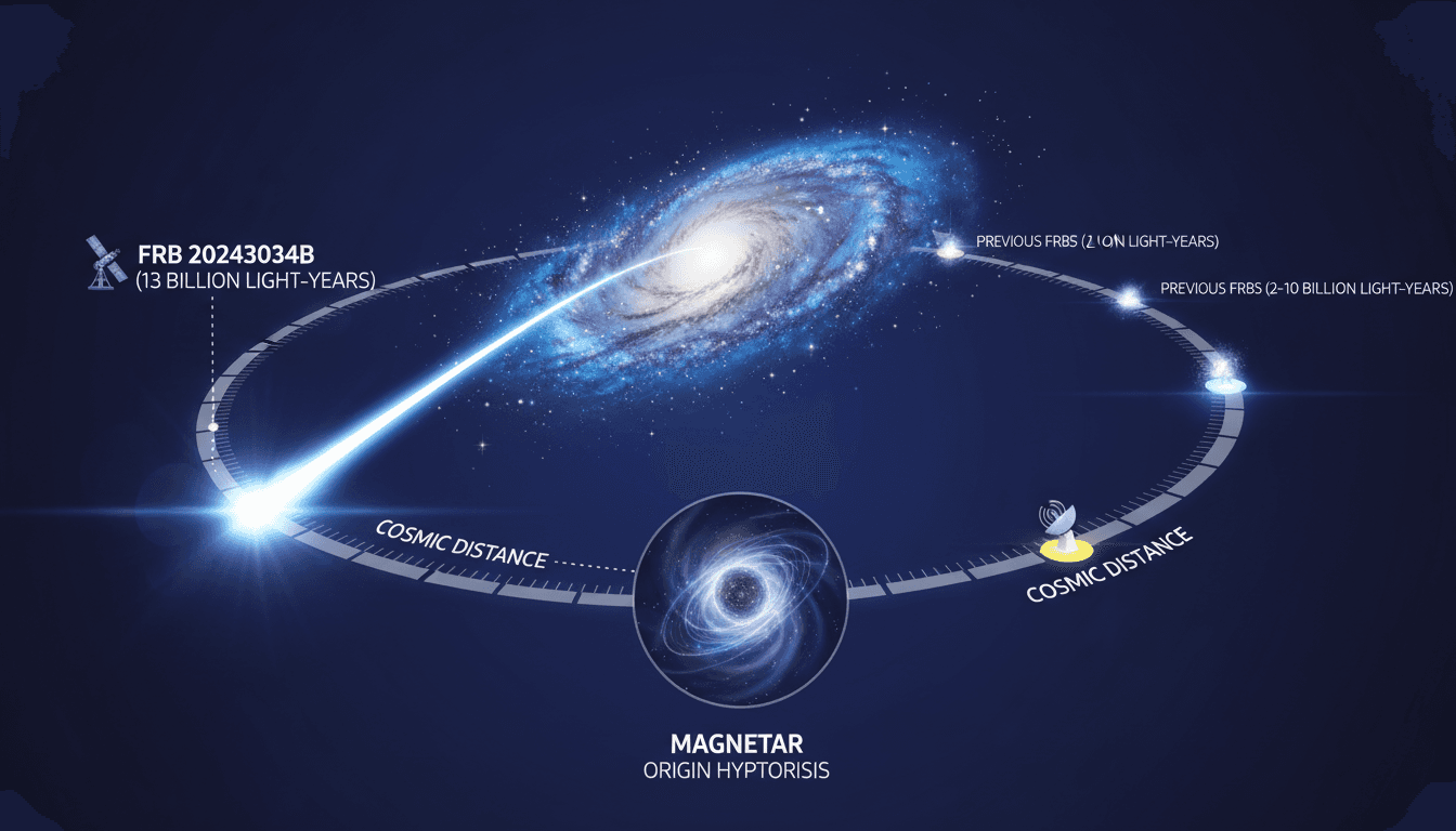 An infographic showing the characteristics and distance of FRB 20240304B identified by the James Webb Space Telescope.