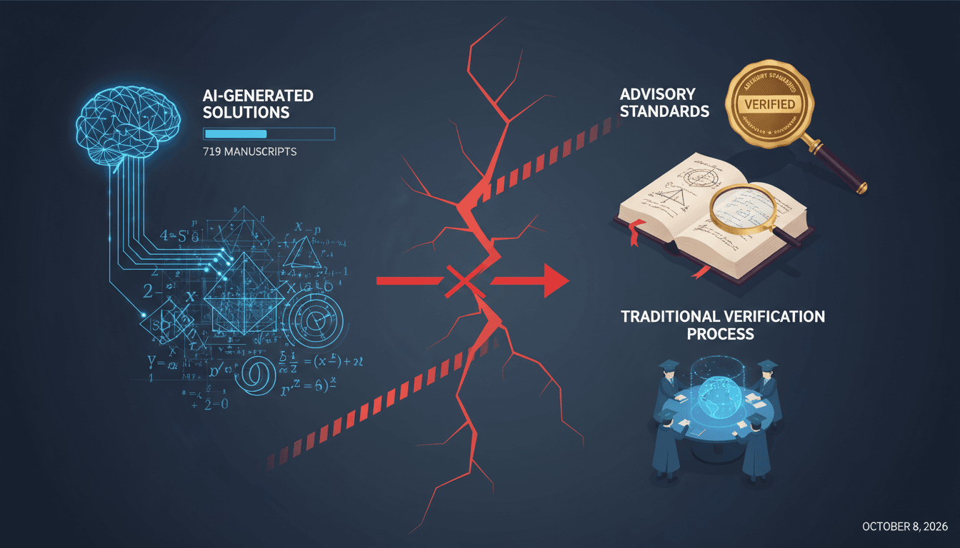 Infographic showing the gap between AI-generated proofs and traditional verification methods in mathematics.