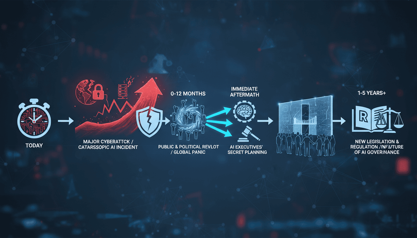 Infographic showing AI executives' scenario planning for potential catastrophic events and public response.