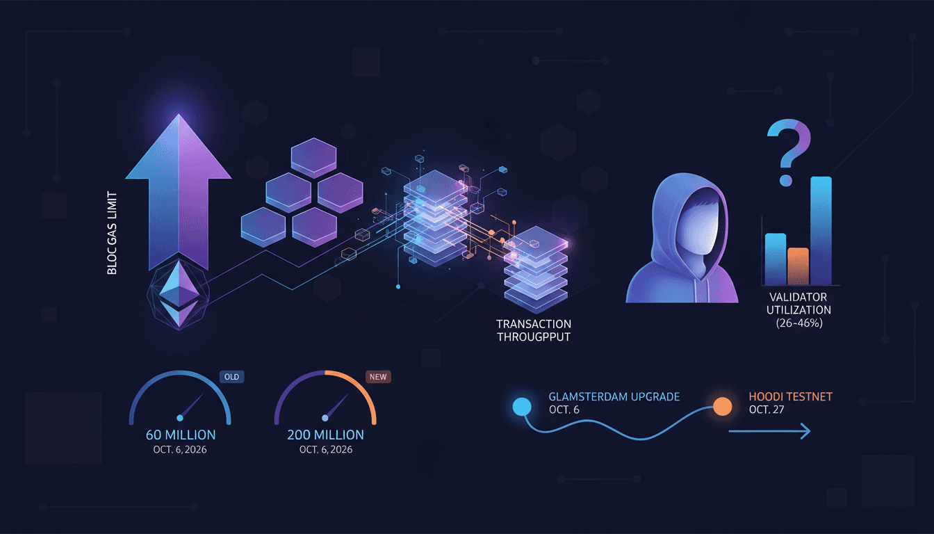 Infographic showing Ethereum's Glamsterdam upgrade, block gas limit increase, and validator performance implications.