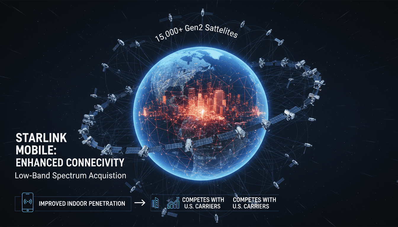Infographic illustrating SpaceX's acquisition of low-band spectrum for Starlink Mobile and its impact on connectivity.