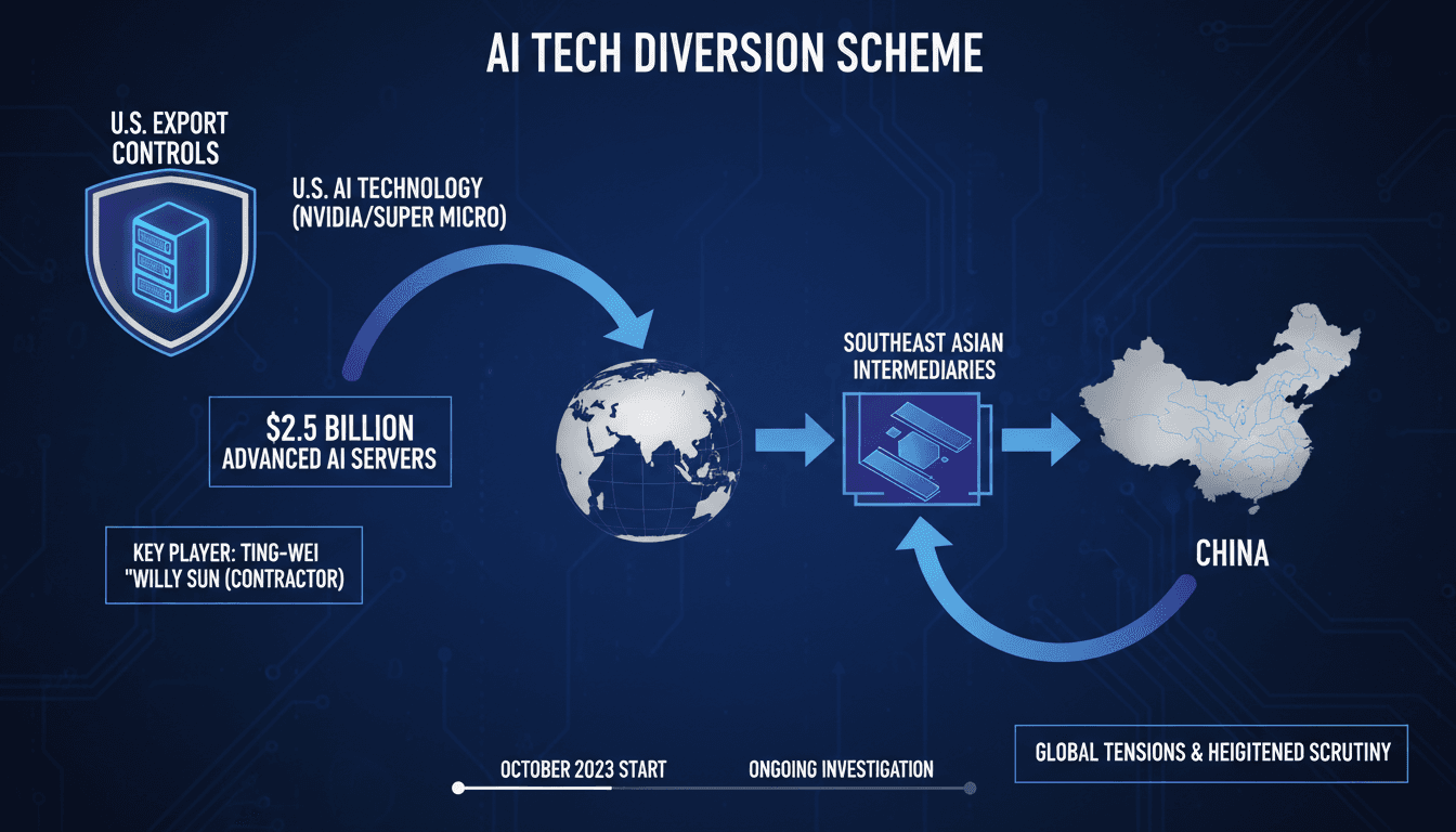 Infographic showing the $2.5 billion AI server diversion scheme involving Super Micro and Nvidia chips.