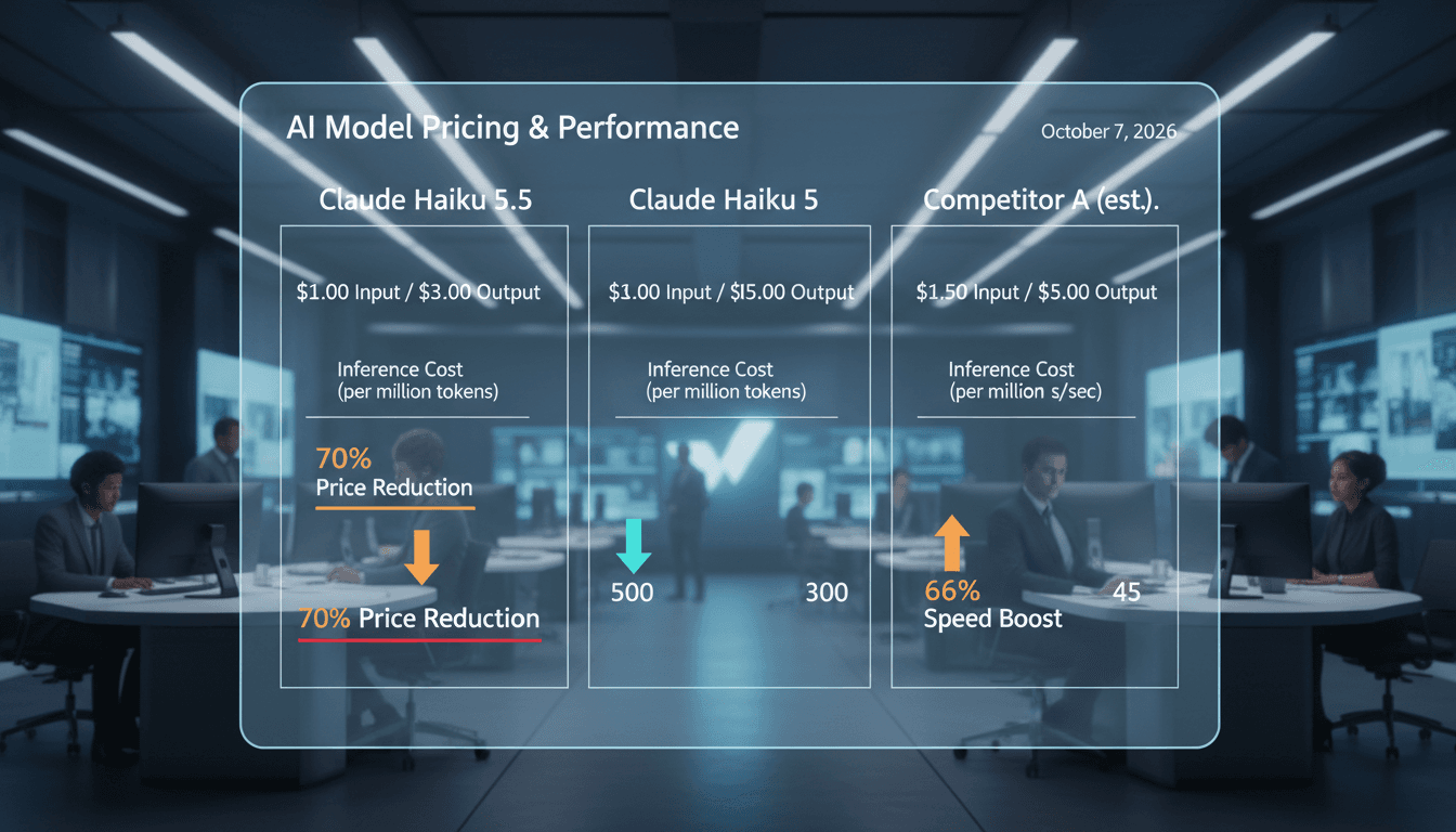 A visual comparison of Claude Haiku 5.5 pricing and performance metrics against competitors in the AI market.