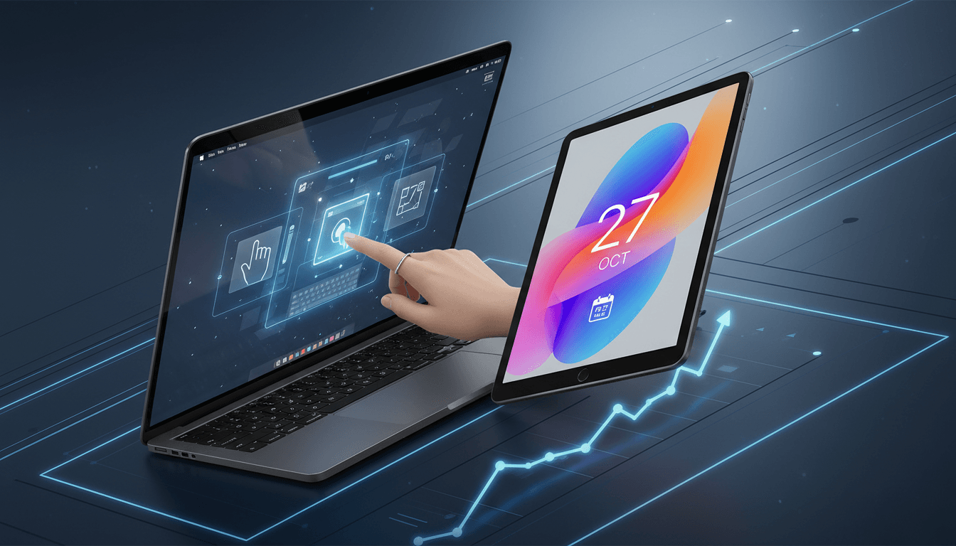 A sleek touchscreen MacBook Pro and OLED iPad Mini, showcasing Apple's latest technology innovations.