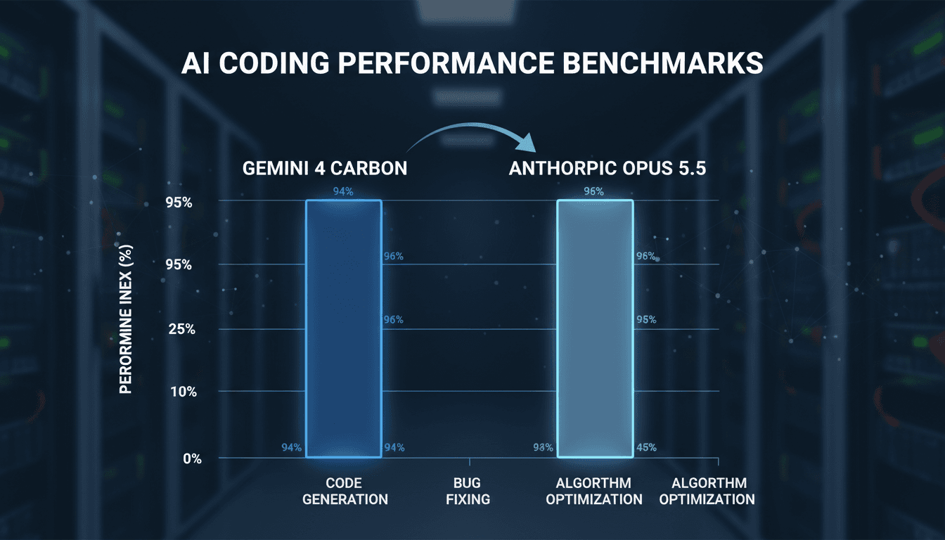 A performance comparison chart of Google's Gemini 4 Carbon and Anthropic Opus 5.5 in coding tasks.