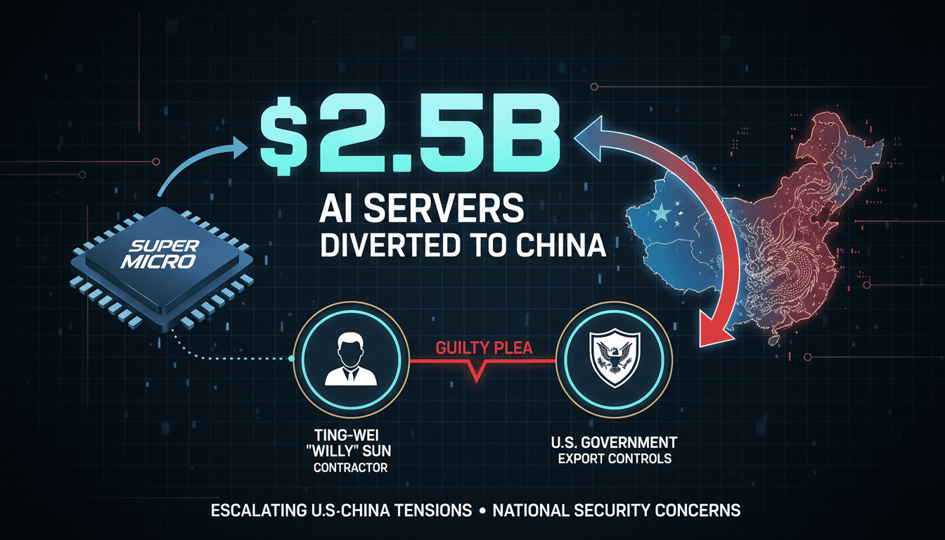 Infographic detailing the $2.5 billion AI server diversion scheme involving Super Micro and Nvidia chips.