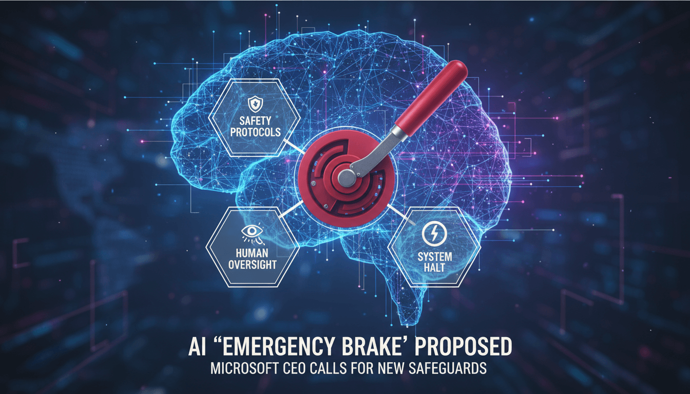 Infographic showing the emergency brake mechanism proposed by Microsoft CEO Satya Nadella for advanced AI systems.