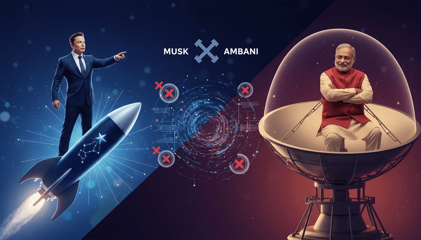 A visual representation of Elon Musk and Mukesh Ambani in a competitive landscape over Starlink's launch in India.