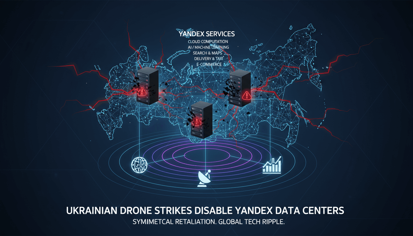 A visual representation of the impact of Ukrainian drone strikes on Yandex data centers and global technology services.