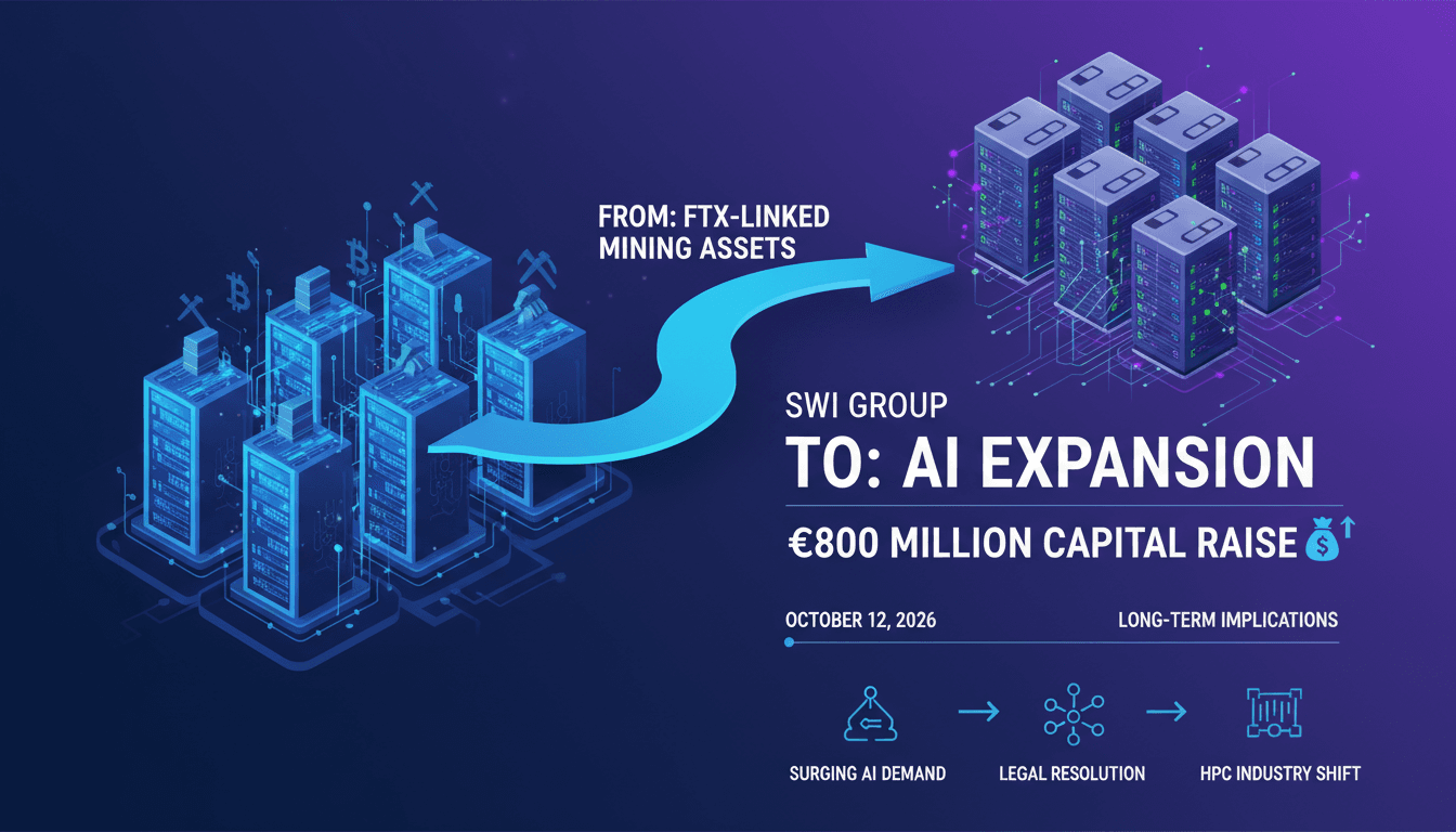 Infographic showing the transition of FTX-linked Bitcoin mining assets to AI data centers, highlighting capacity and investment.
