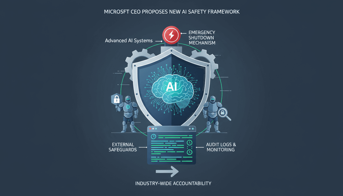 Infographic showing Microsoft CEO Nadella's AI safety framework, including emergency brake and audit logs.
