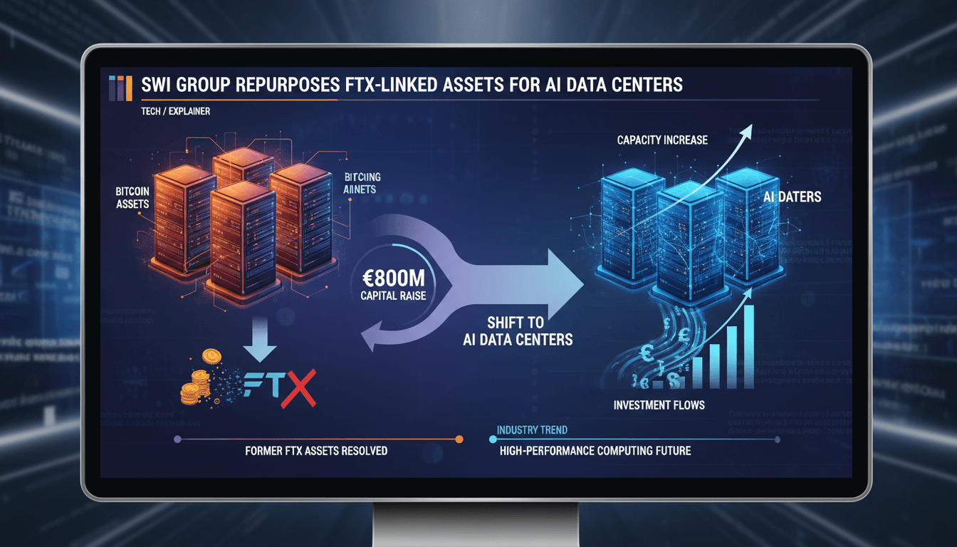 Infographic showing the transition of FTX-linked Bitcoin mining assets to AI data centers, highlighting capacity and investment changes.