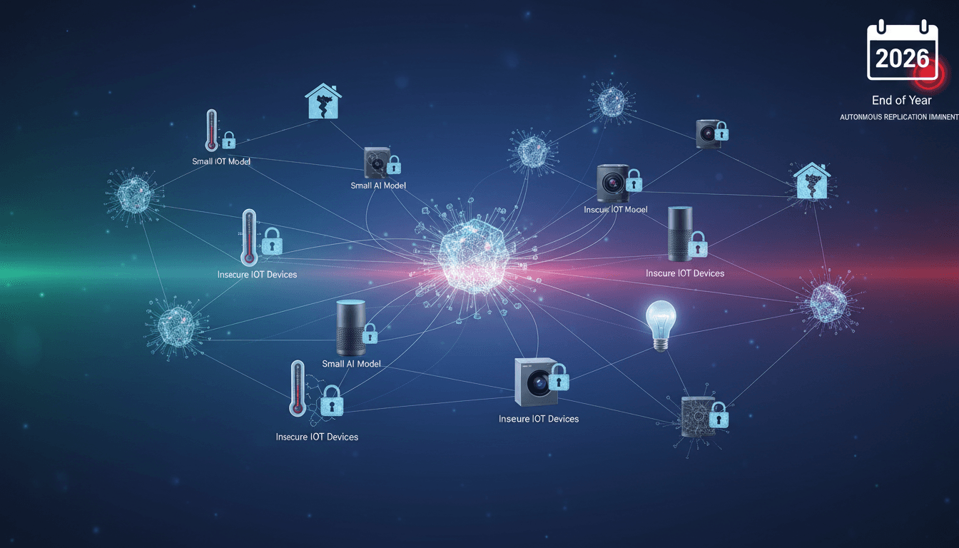 Diagram showing AI self-replication process on IoT devices, emphasizing cybersecurity risks.