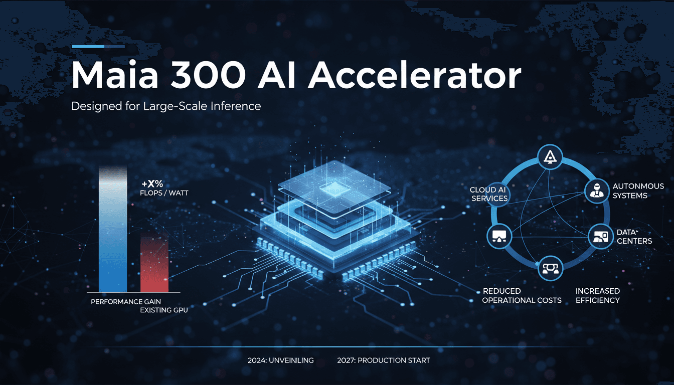 Diagram of Microsoft Maia 300 AI accelerator architecture and efficiency gains compared to GPUs.