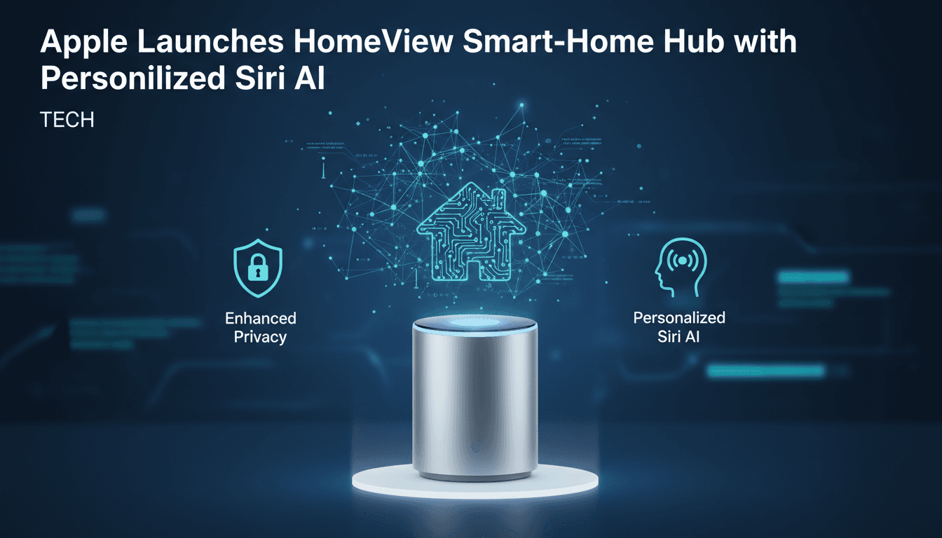 Apple HomeView smart-home hub featuring personalized Siri AI in a modern home setting.