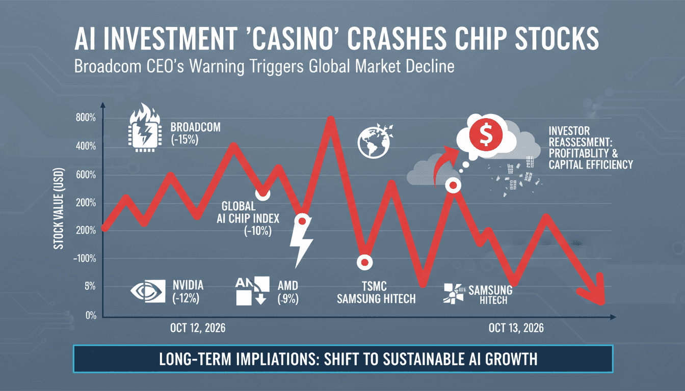 Infographic showing semiconductor stock declines after Broadcom CEO Hock Tan's warning on AI investing.