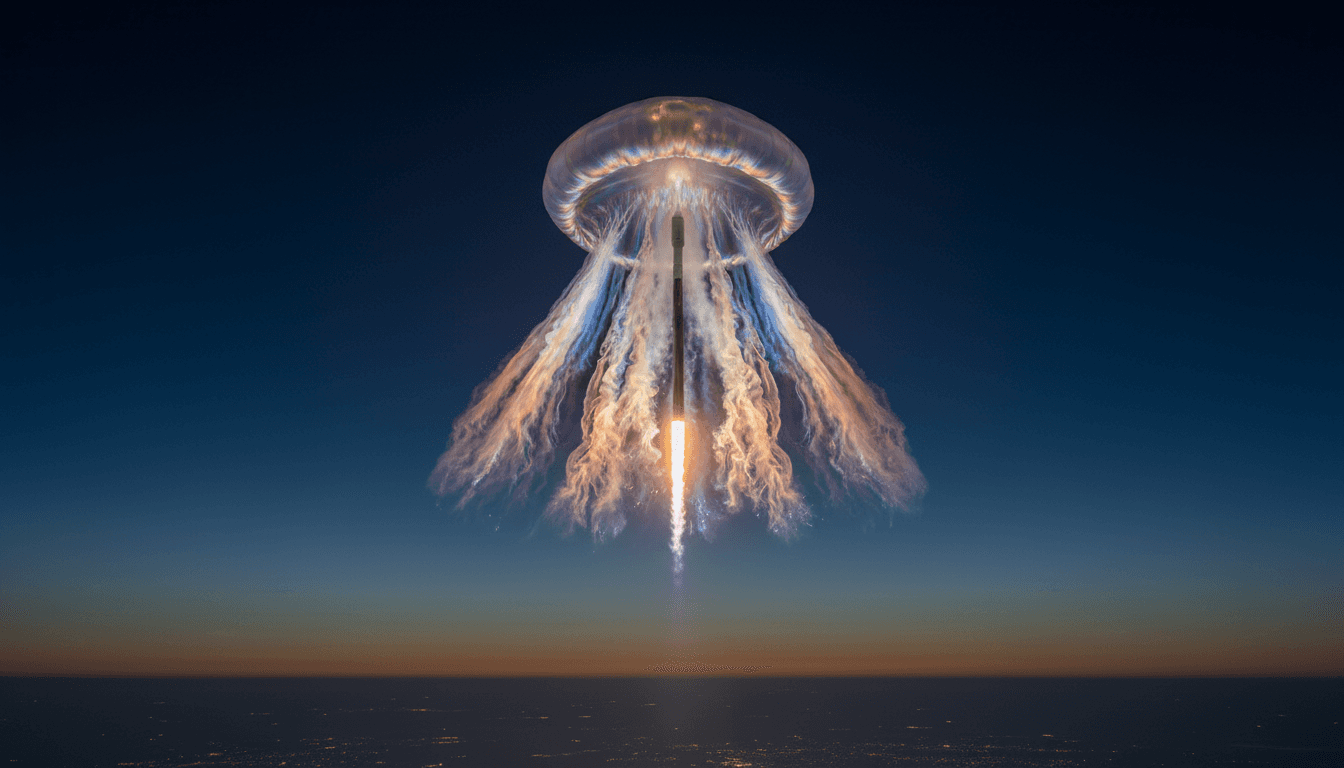 The glowing 'space jellyfish' plume created by the SpaceX CRS-35 Falcon 9 launch against a dark sky.