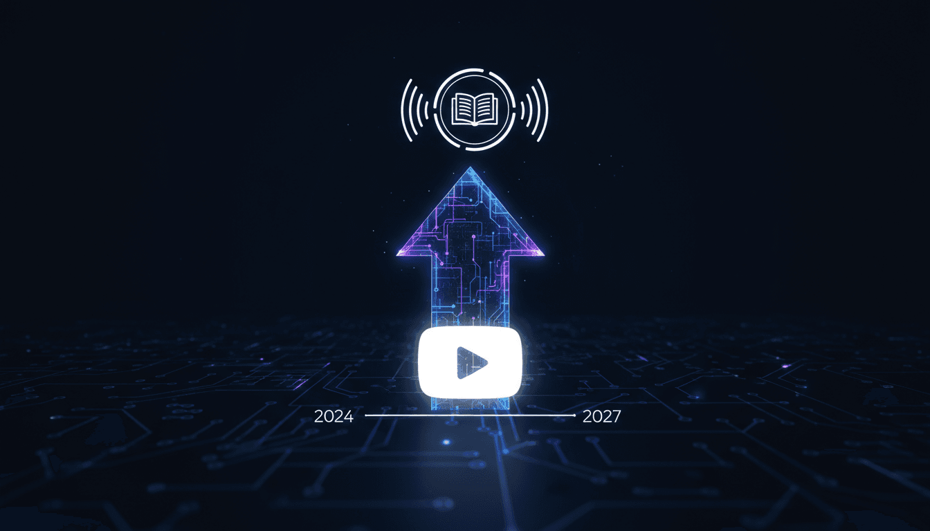 A graphic illustrating YouTube's potential entry into the audiobook market, highlighting growth trends and user engagement.