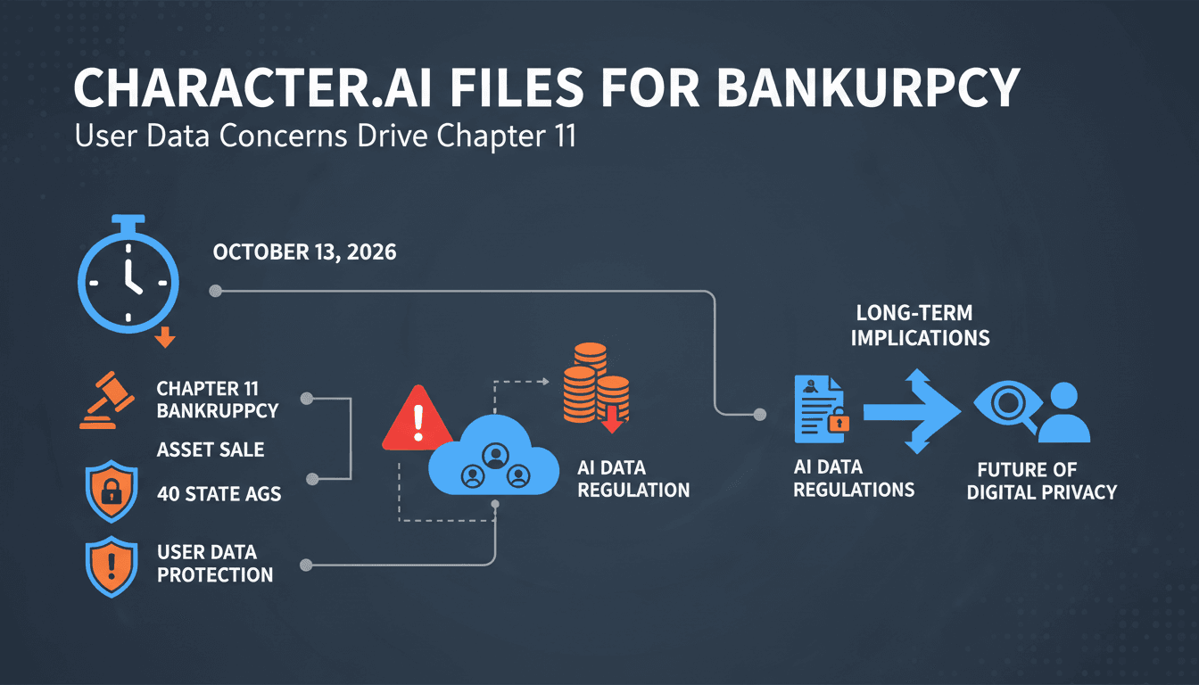 Infographic showing Character.AI's bankruptcy timeline and user data implications.