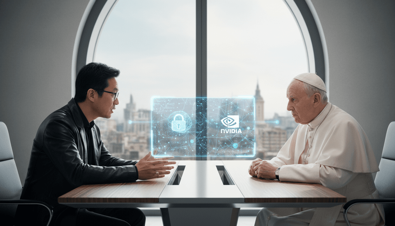 Jensen Huang and Pope Leo XIV discussing AI safety, highlighting the intersection of technology and ethics.