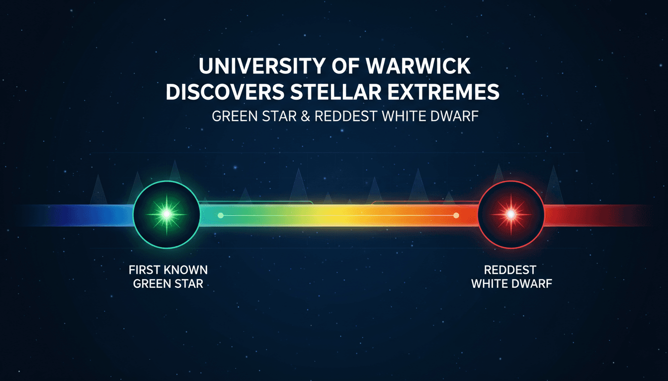 Infographic showing the color spectrum of white dwarfs, including the newly discovered green star and reddest white dwarf.