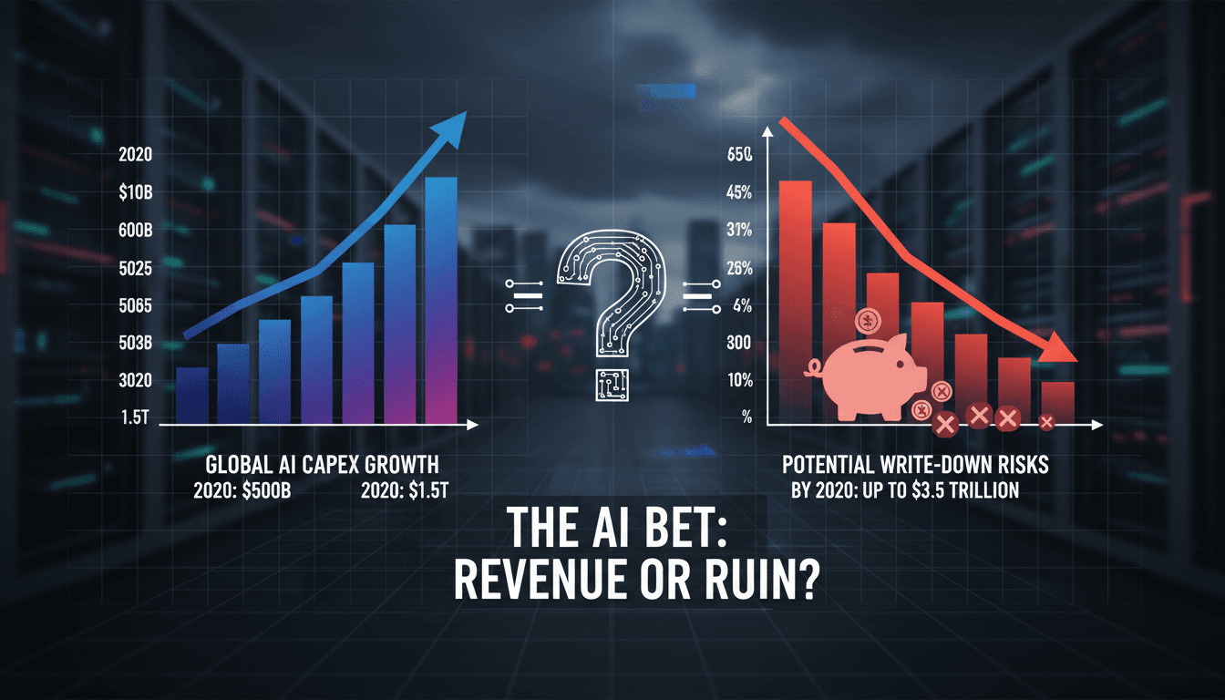 Infographic showing AI capital expenditure growth and potential write-down risks.