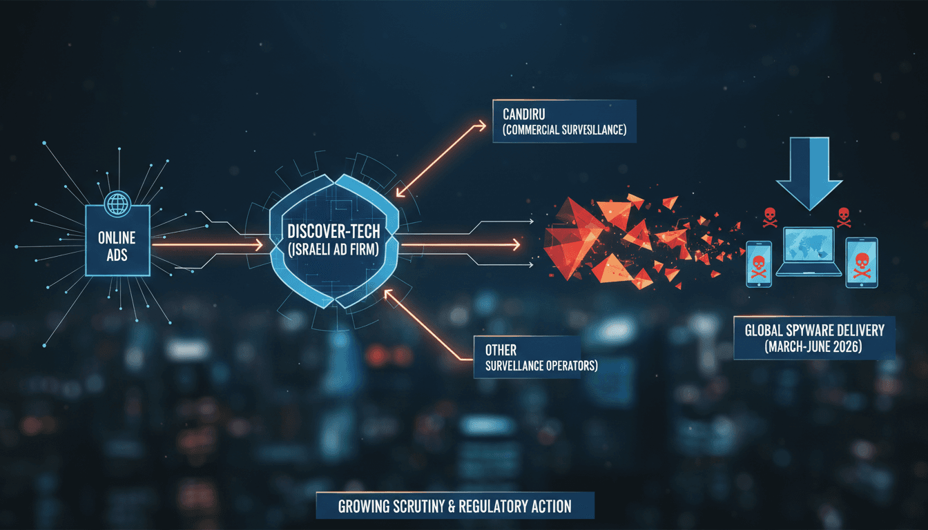 Infographic showing the connection between Discover-Tech ads and spyware delivery, emphasizing privacy risks.