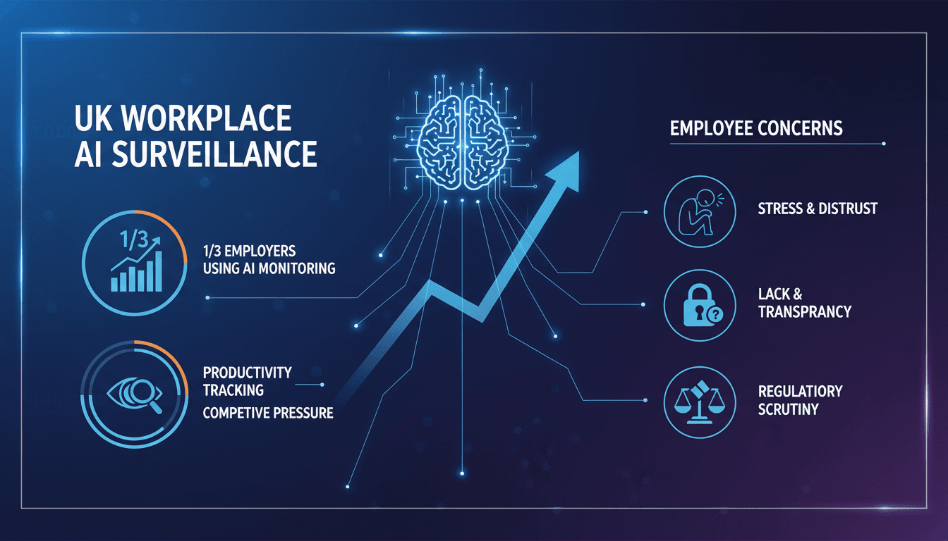 Infographic showing the rise of AI surveillance in UK workplaces, highlighting key statistics and impacts on employee well-being.