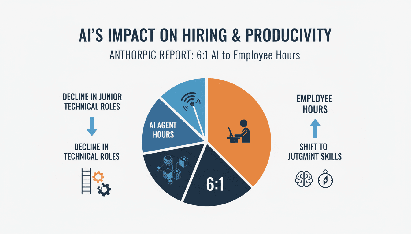 Infographic showing the 6:1 ratio of AI agent hours to employee hours at Anthropic, highlighting hiring shifts.
