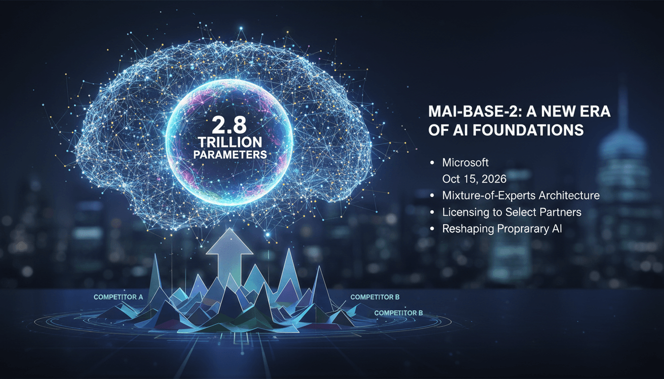 Infographic illustrating Microsoft MAI-Base-2 model with 2.8 trillion parameters and its impact on AI development.