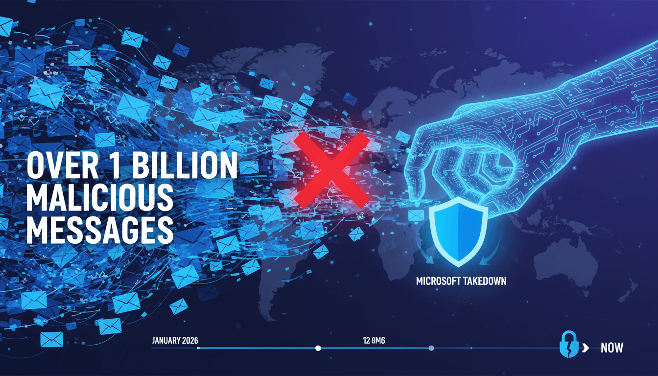 Infographic illustrating the scale of Microsoft's disruption of a phishing operation and its impact on cybersecurity.