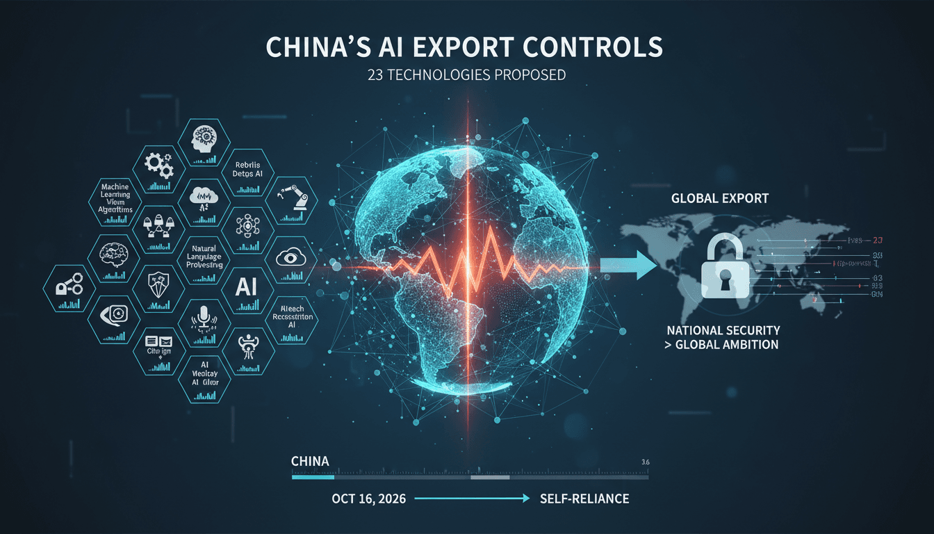 Infographic showing China's proposed AI export controls and their implications for global technology access.