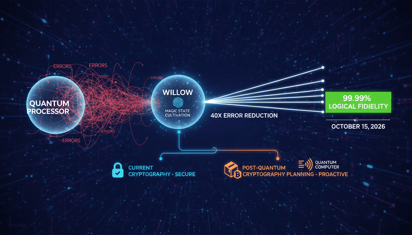 Infographic showing Google's quantum error reduction process and its implications for Bitcoin security.