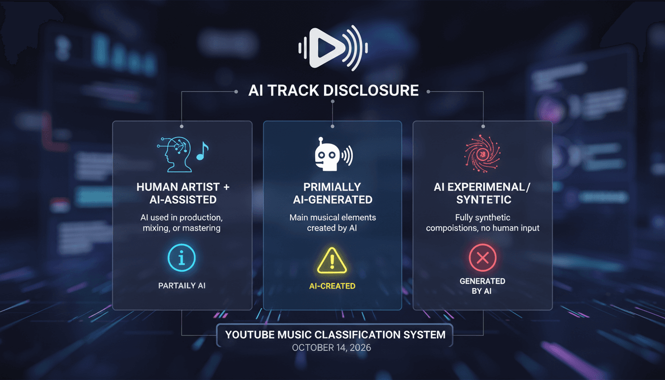 Infographic showing YouTube Music's AI track labeling system and its impact on music consumption.