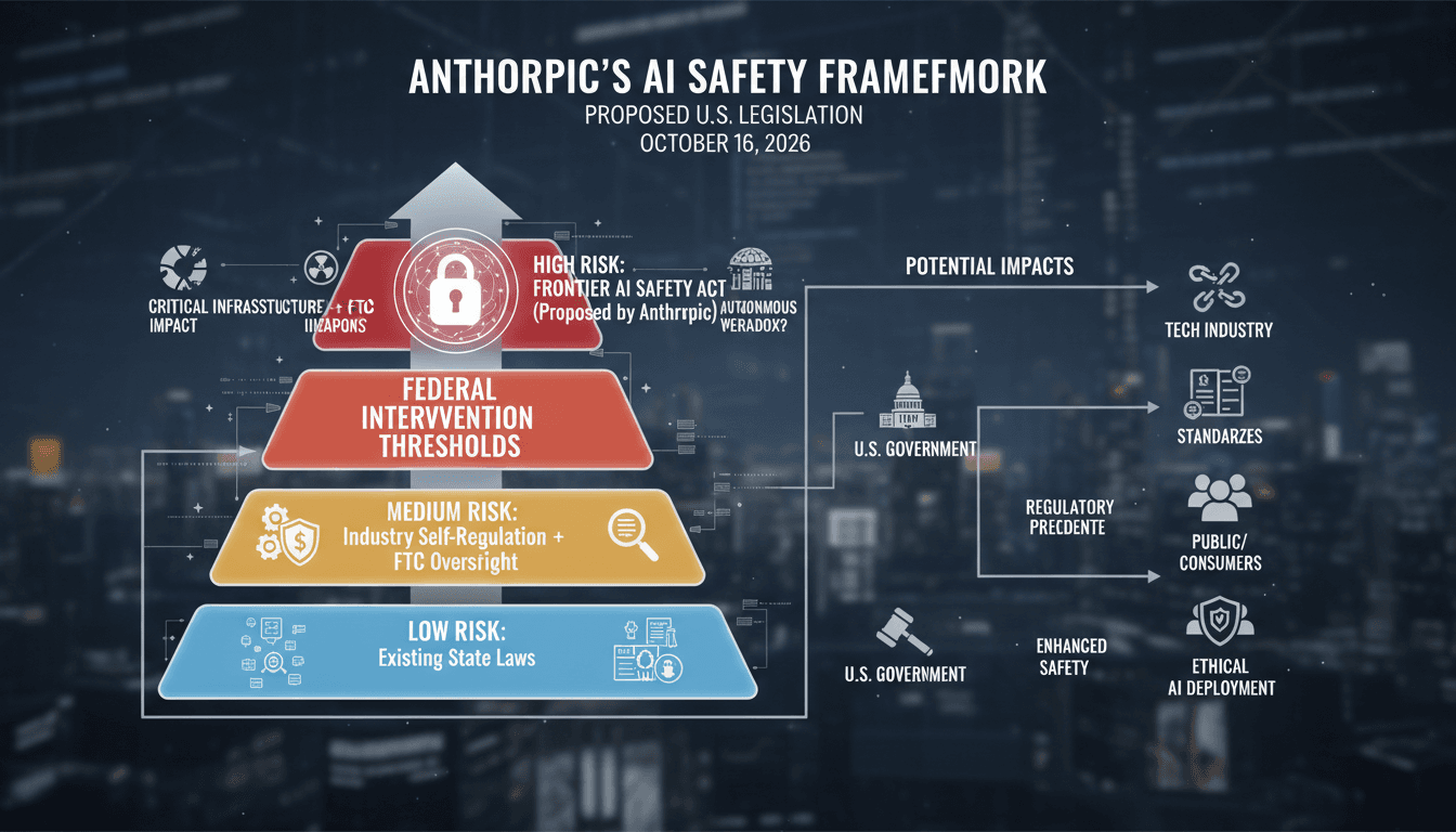 Infographic showing Anthropic's proposed AI safety legislation thresholds and impacts on stakeholders.