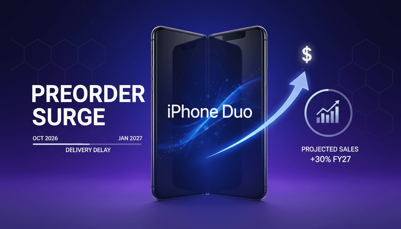 A sleek visual of the Apple iPhone Duo highlighting preorder statistics and projected sales figures.