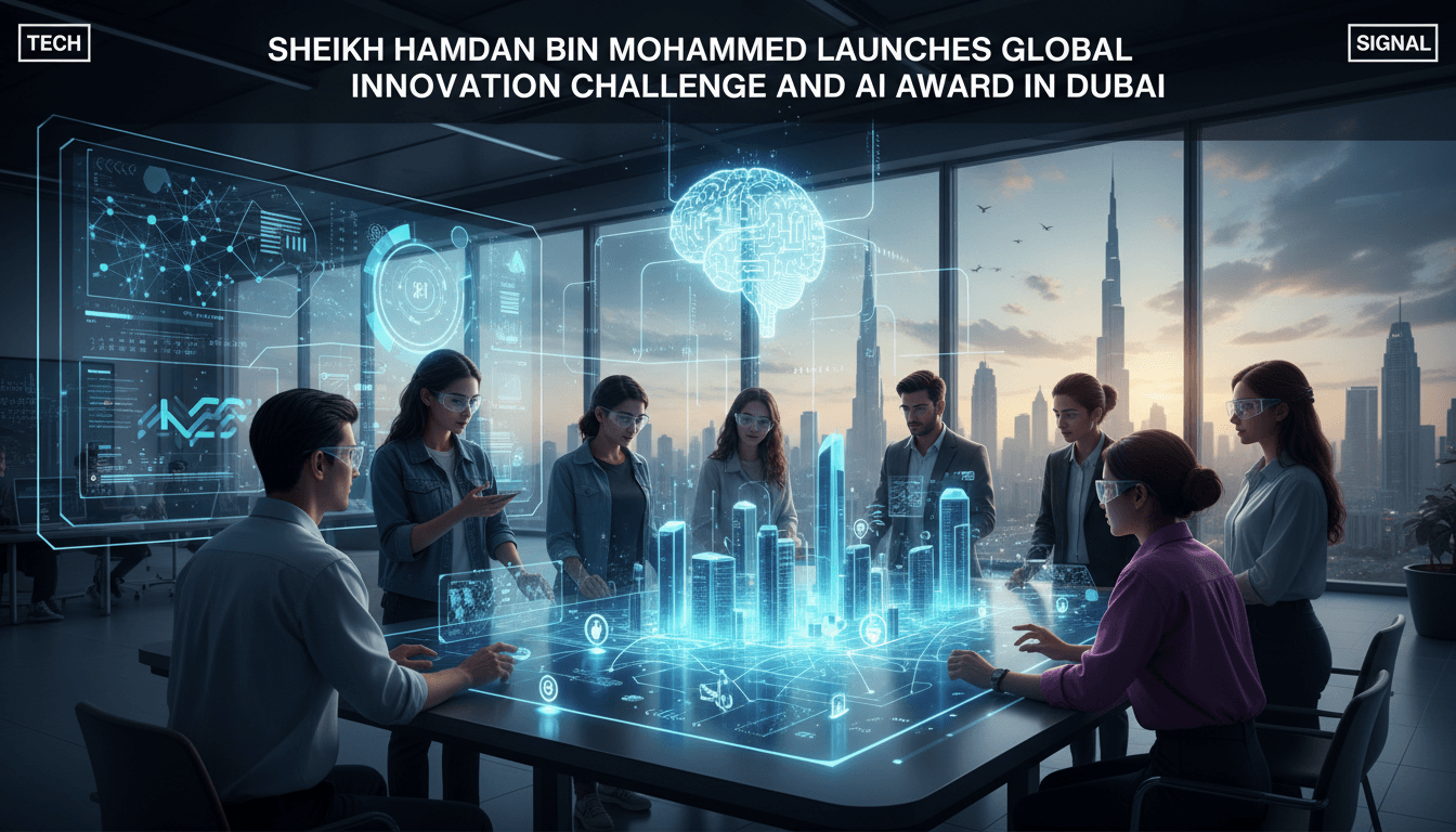Young innovators collaborating on AI solutions for urban challenges during the Global Innovation Challenge in Dubai.