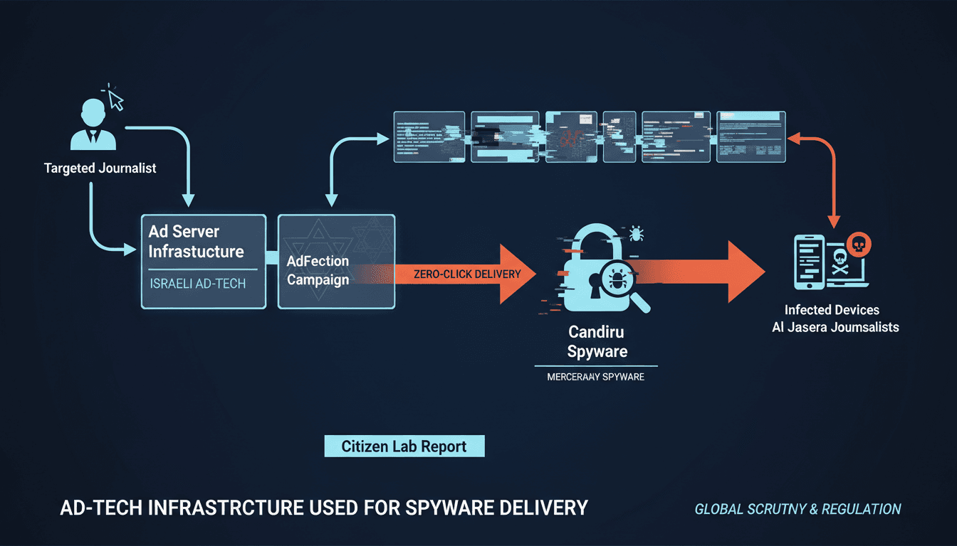 Infographic showing the flow of data from targeted ads to spyware infection in the AdFection campaign.