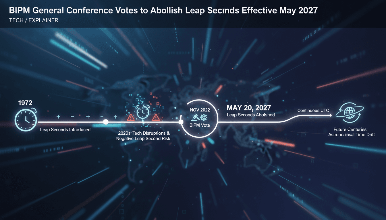 A timeline showing the history of leap seconds and the transition to continuous UTC.