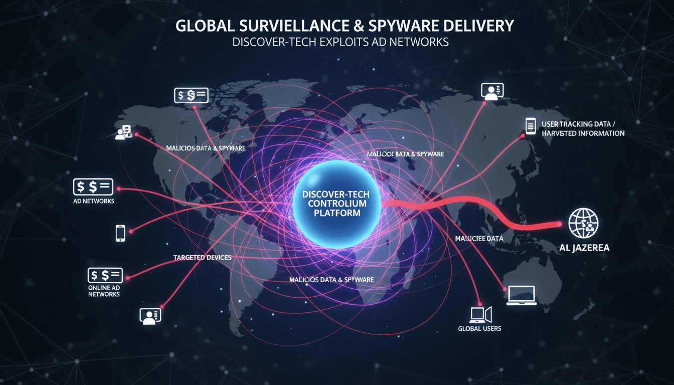 Infographic showing Discover-Tech's ad surveillance operations and spyware delivery mechanisms.