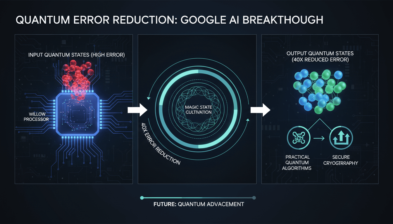 Infographic showing Google Quantum AI's magic state cultivation process and its impact on quantum computing.