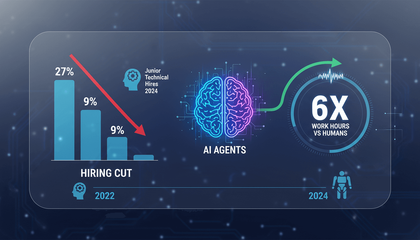 Infographic showing Anthropic's hiring changes and AI agent work hours compared to human employees.