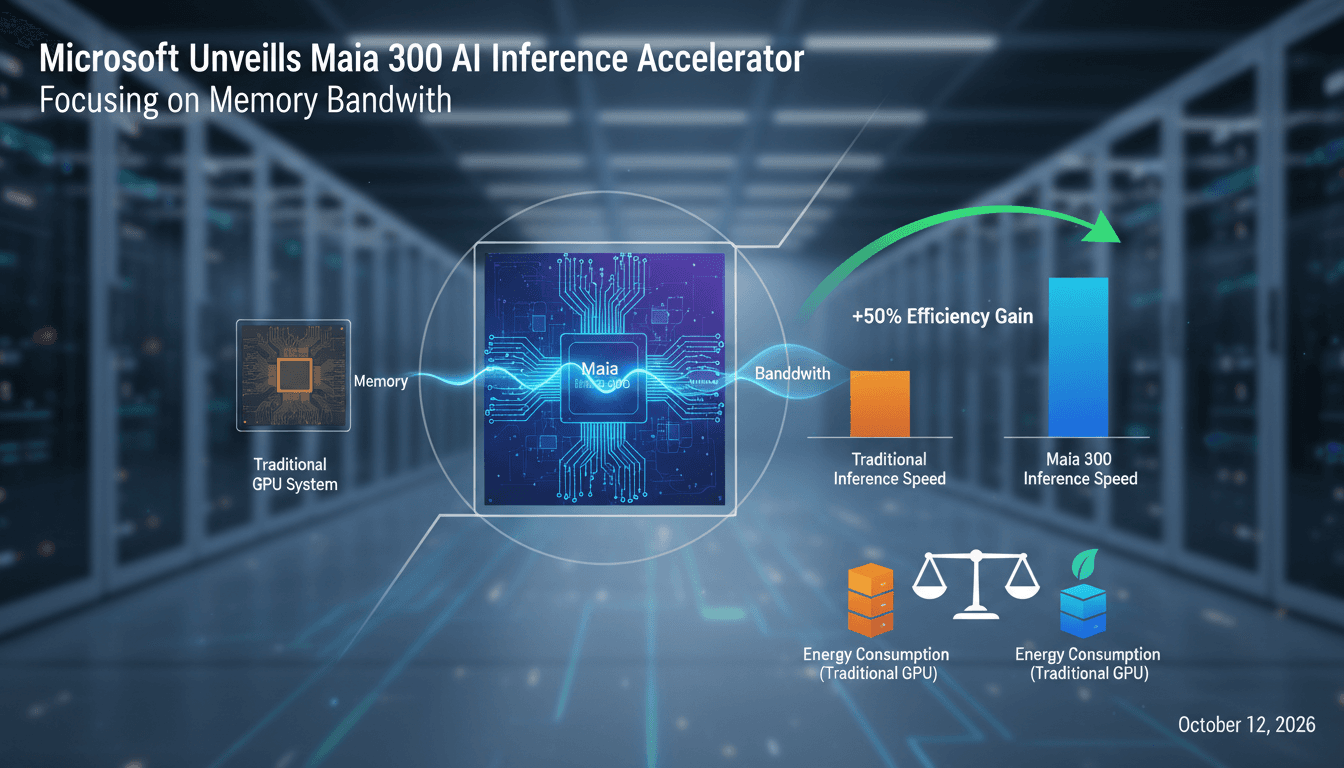 An infographic showcasing the Microsoft Maia 300 AI accelerator's architecture and performance metrics.
