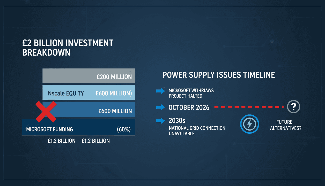 Infographic detailing the £2 billion investment and power supply challenges in the Nscale AI data centre project.