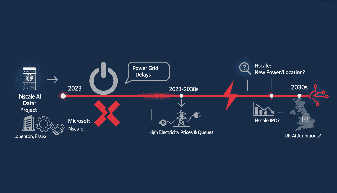 A visual representation of the Microsoft and Nscale AI data center project timeline and power grid challenges.