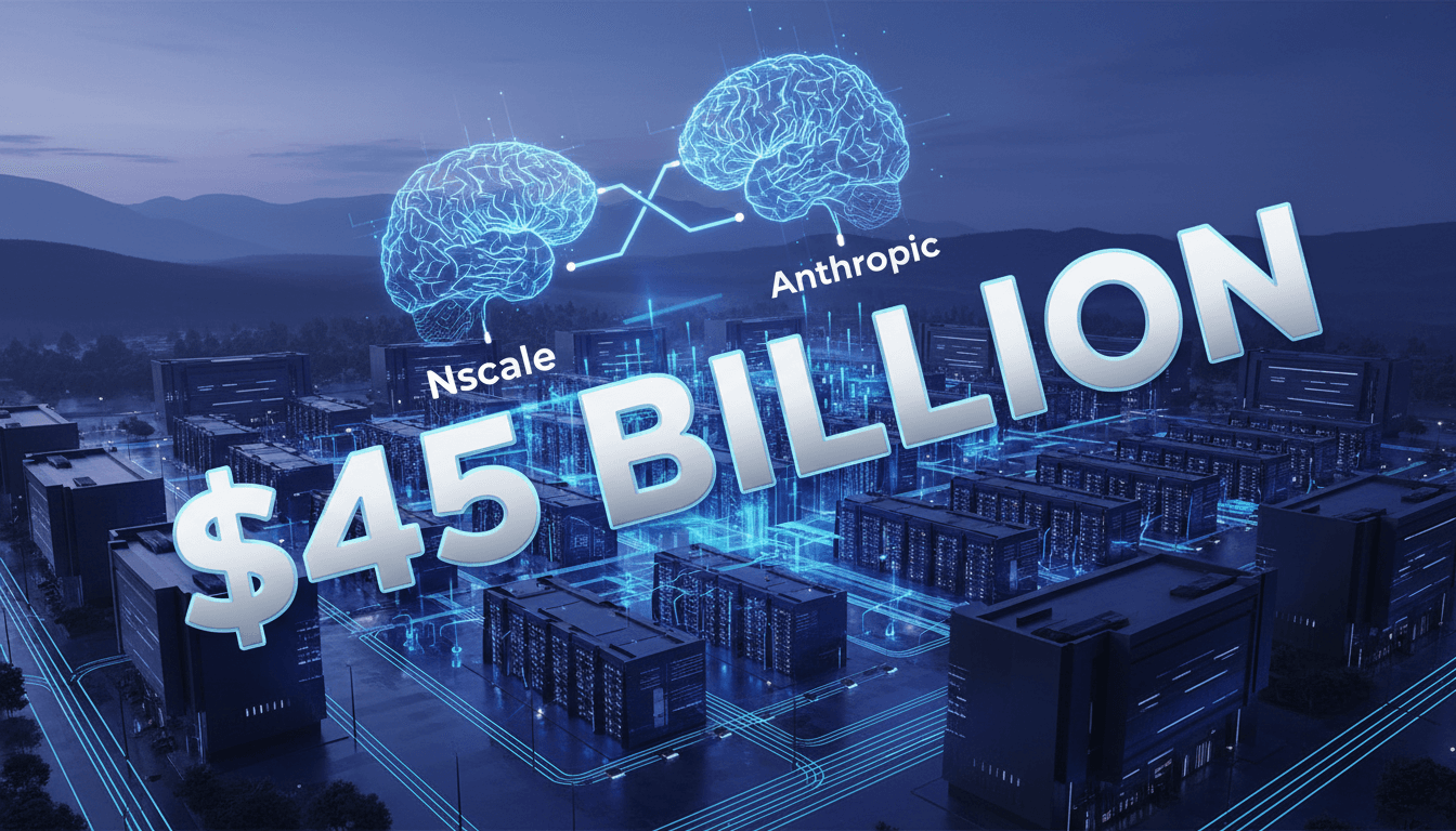 A visual representation of the $45 billion AI compute deal between Nscale and Anthropic, featuring data center imagery.