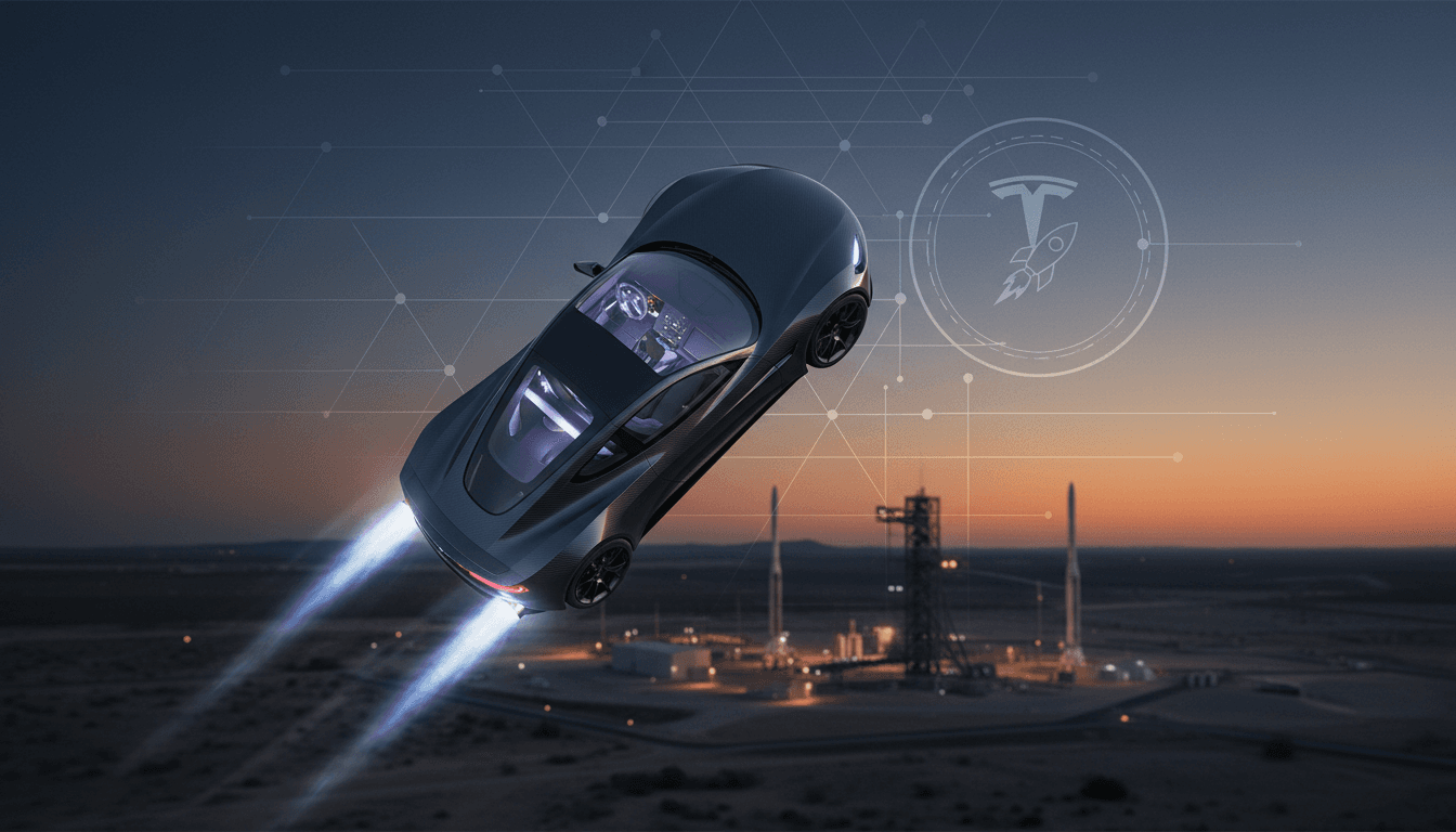 Tesla Roadster prototype performing mid-air flips and showcasing advanced technology during a demonstration.