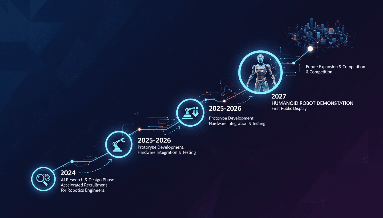 Infographic showing OpenAI's timeline for humanoid robot development and recruitment efforts.
