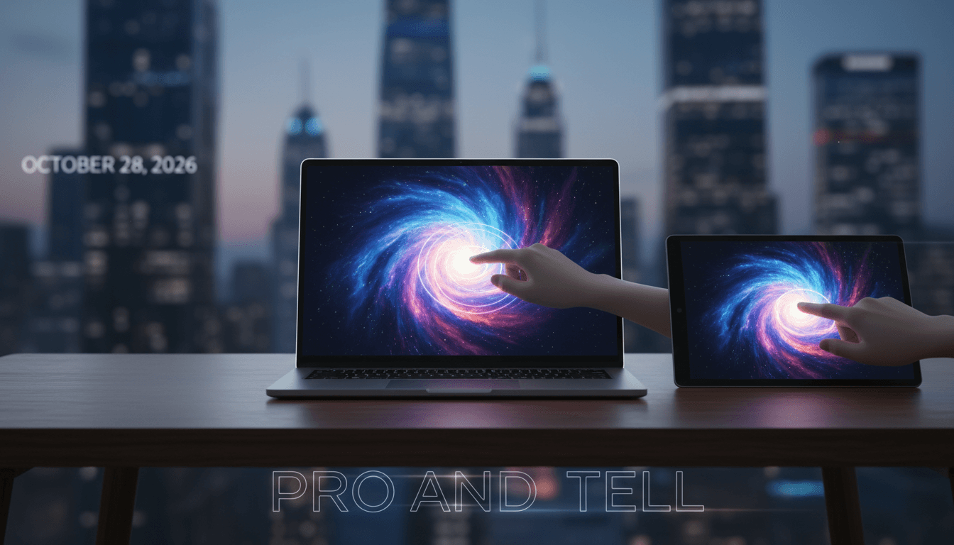 A modern workspace showcasing Apple's new MacBook Pro and iPad Mini with OLED displays and touchscreen features.