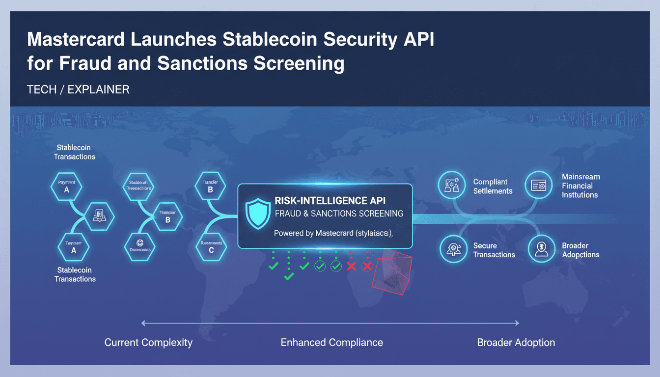 Infographic showing Mastercard's Stablecoin Security API and its impact on transaction compliance and fraud prevention.